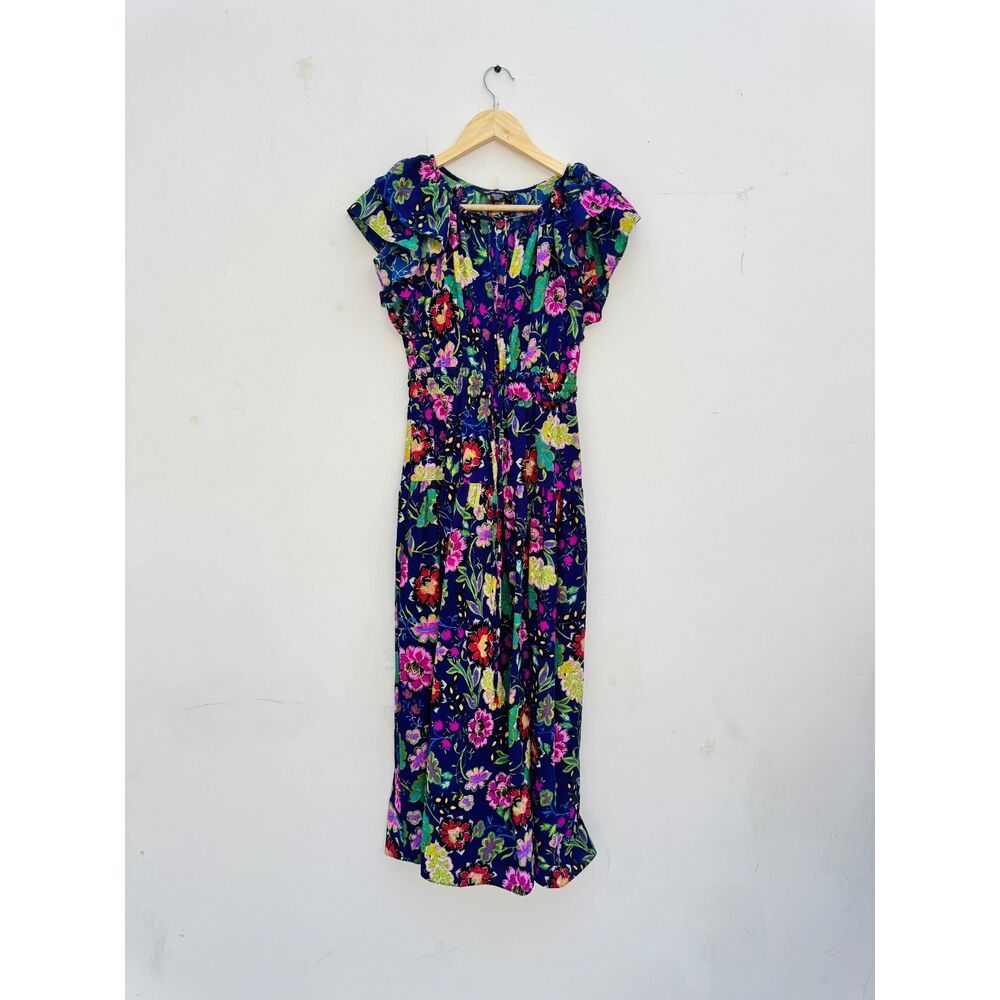 Maggy London Navy Floral Maxi Dress Size 0 Ruffle Sleeve Tiered